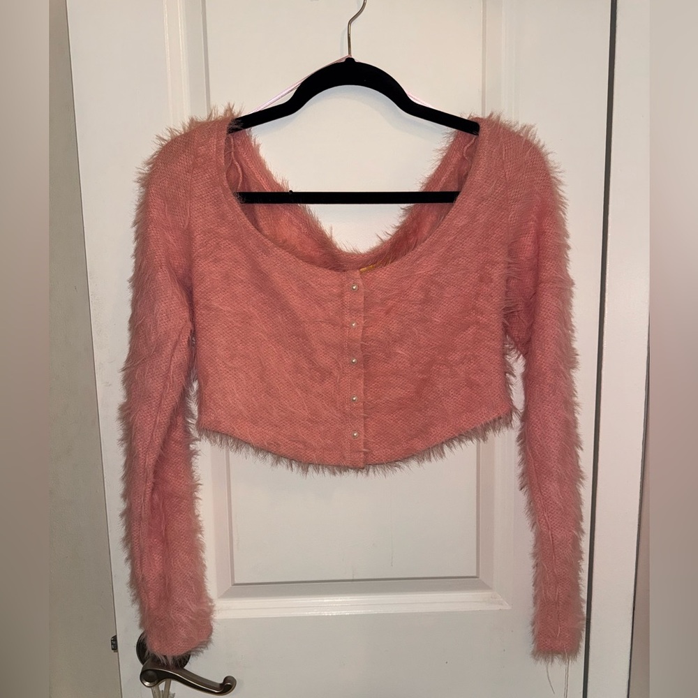 Urban Outfitters Pink Fuzzy Textured Knit Crop Top with Buttons - Size M